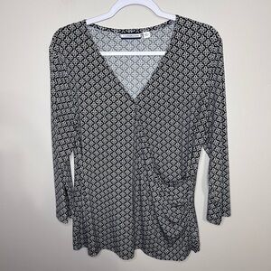 Croft and Barrow Black and White Geometric Print Faux Wrap Blouse size large